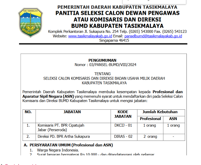 Seleksi Dekom Dan Direksi Bumd Kab. Tasikmalaya 2024